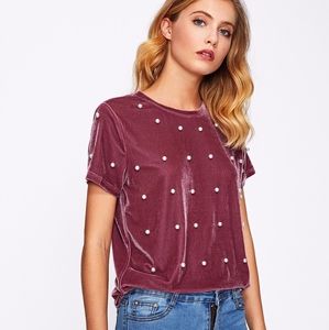 Shein Velvet Pearl Beaded Shirt Top